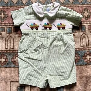 Vive La Fete Easter Egg Smocked Boys Romper - size 12 mos